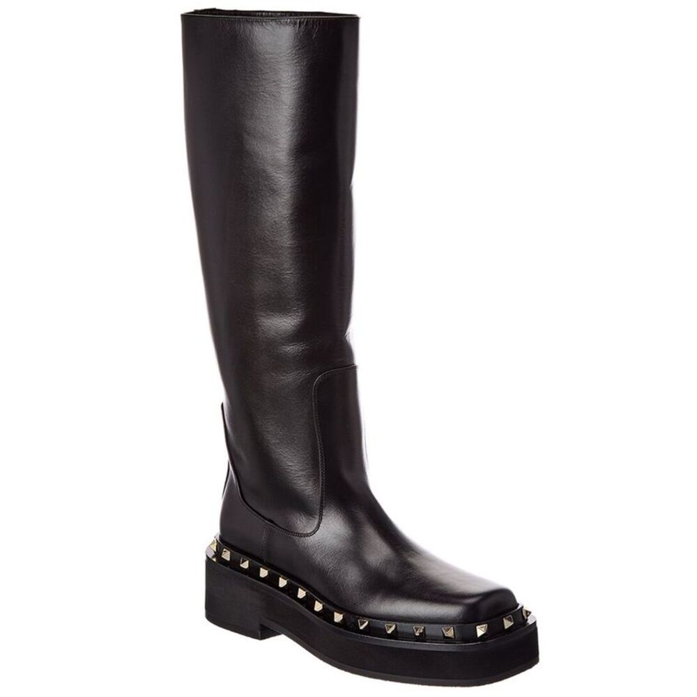 Valentino Rockstud 50 Leather Platform Knee-High Boot, Black